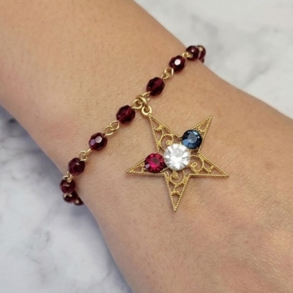 Patriotic Pendant Bracelet‎ Gold Tone Filigree Star Rosary Link 4th of July USA
